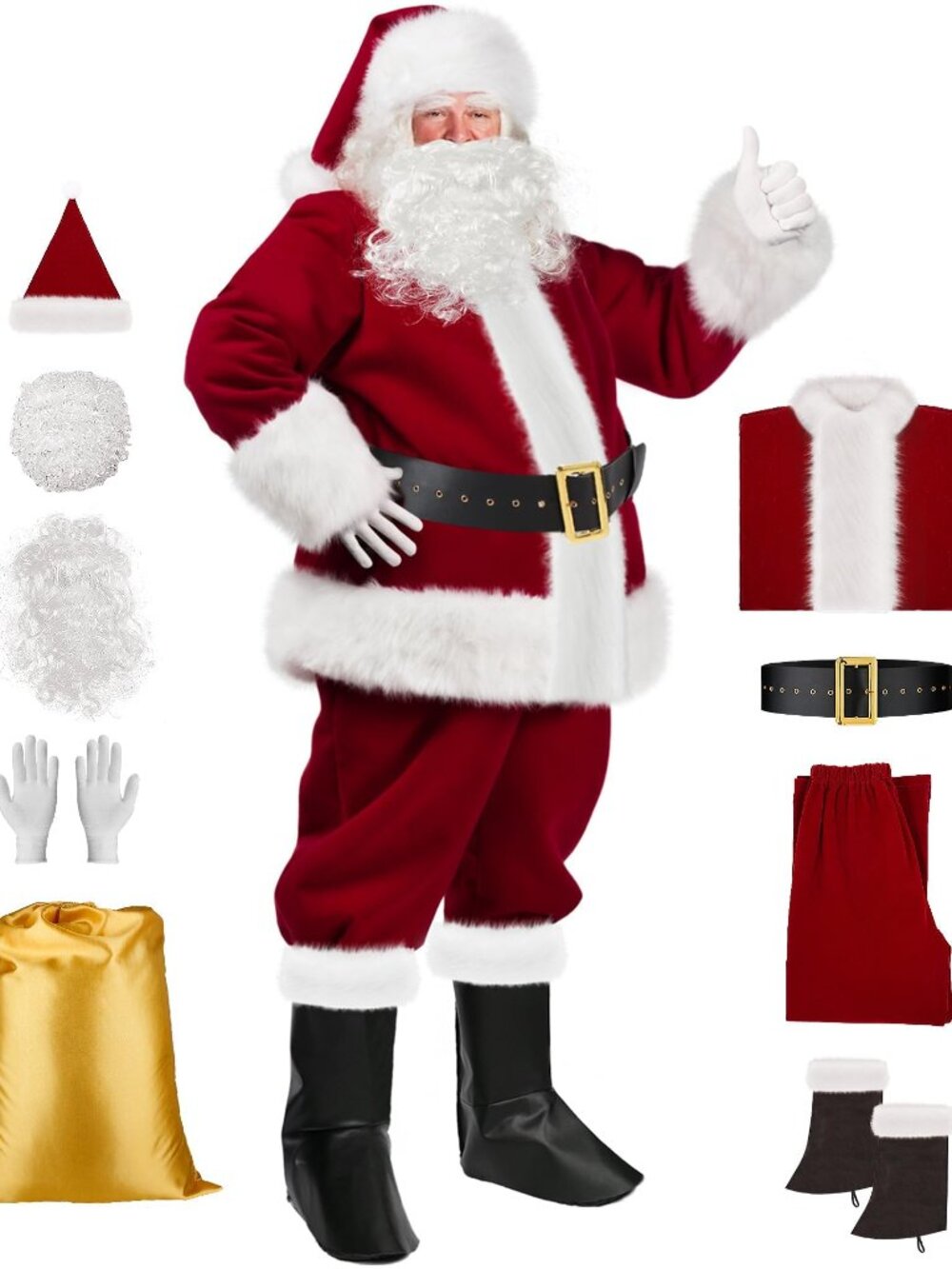 Santa Claus Costume for Men, 9PCS Christmas Santa Suit Adult Men Deluxe Velvet